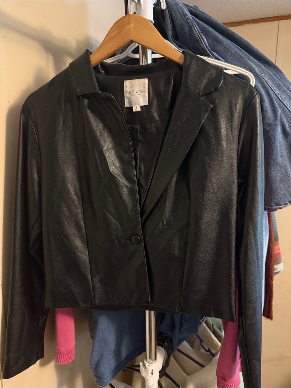 Le Lis Black Faux Leather Cropped Blazer